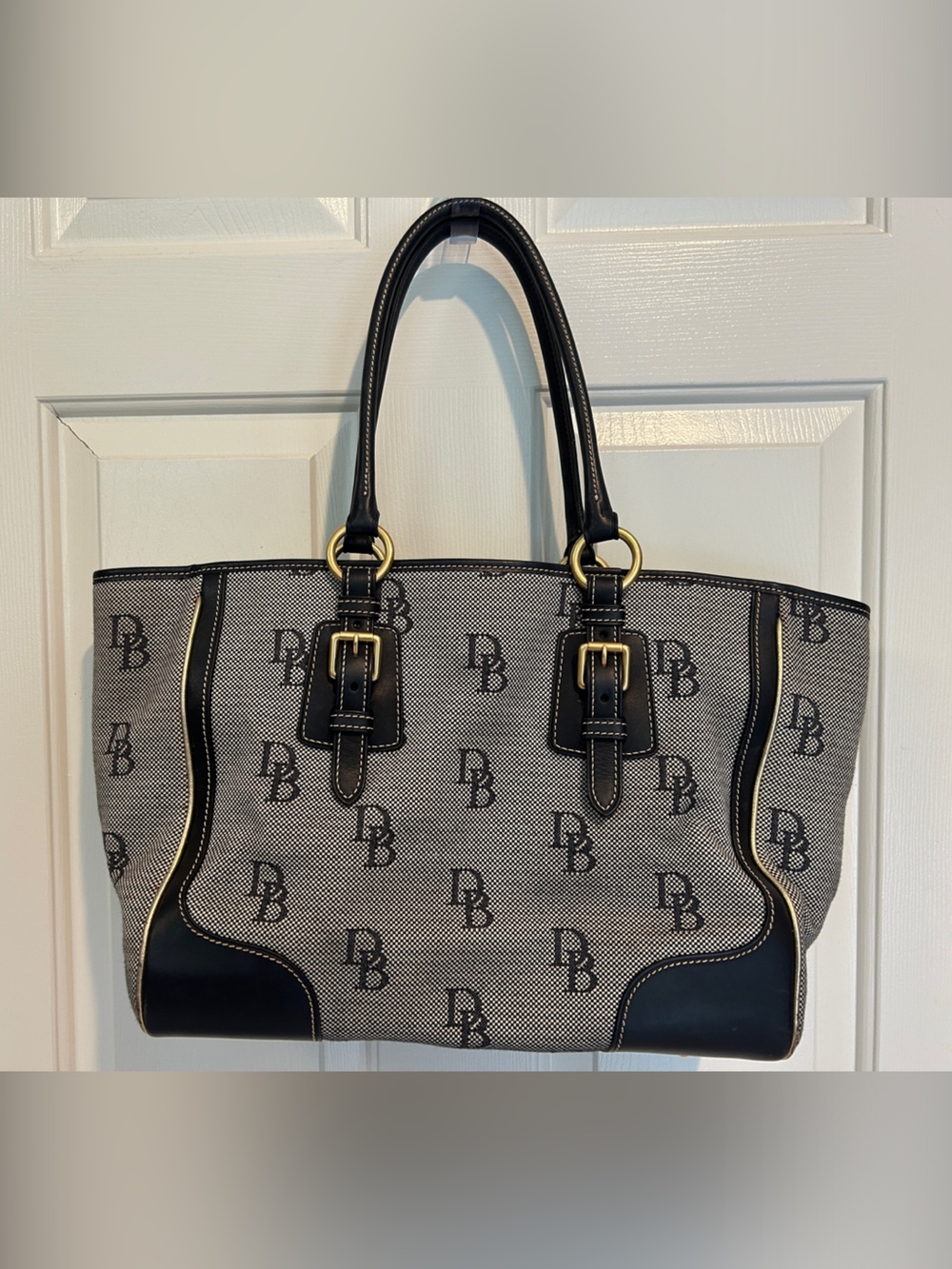 Dooney & Bourke Navy and White Logo Buckle Tote